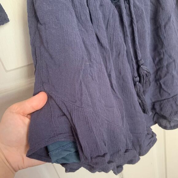 Elegant Unique Celtic Flowy 3/4 Sleeve Navy Blue Romper with Knit Lace Ruffles - Picture 6 of 11